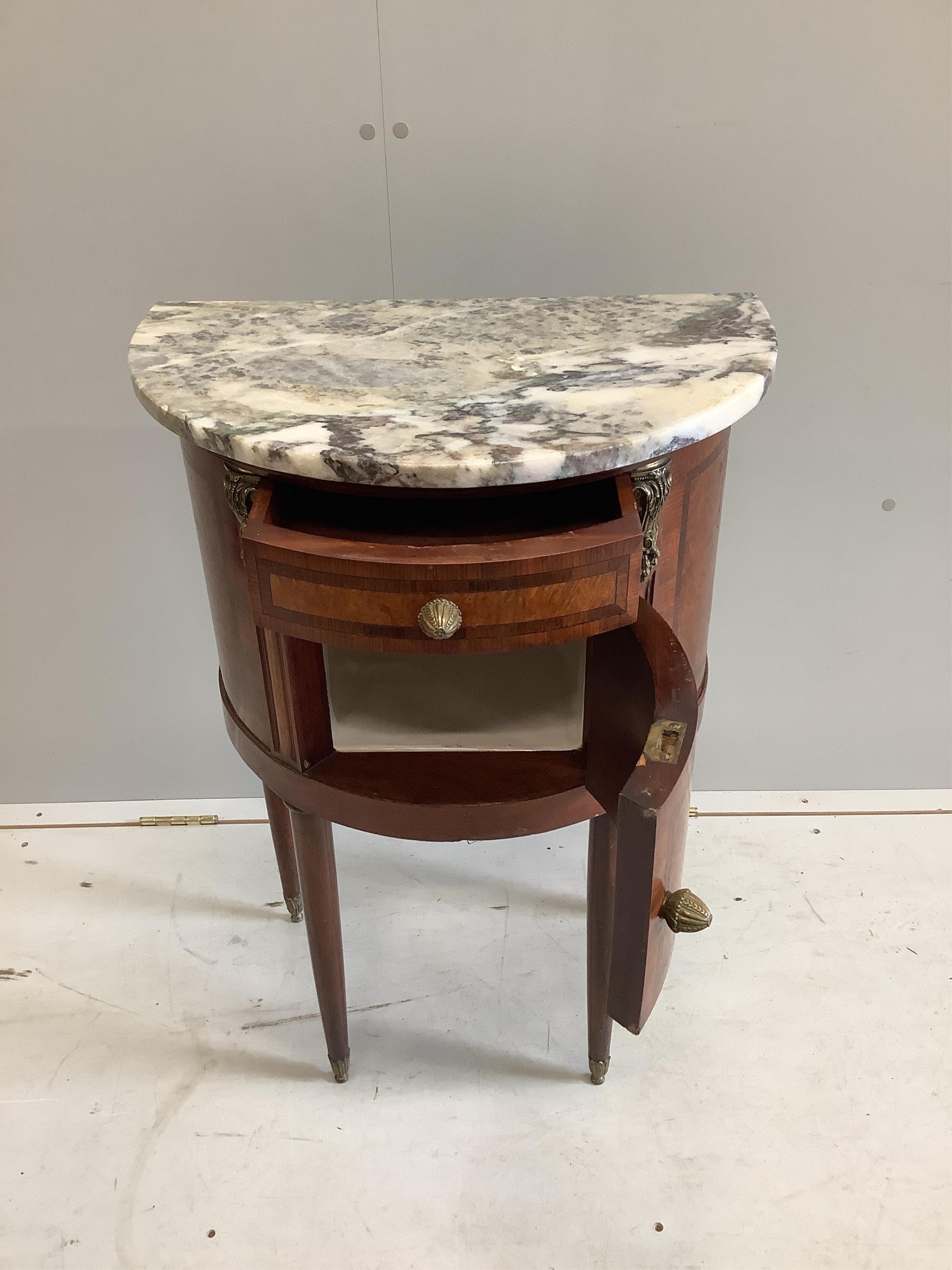 A French kingwood and burr walnut demi-lune commode with marble top, width 55cm, height 78cm. Condition - good